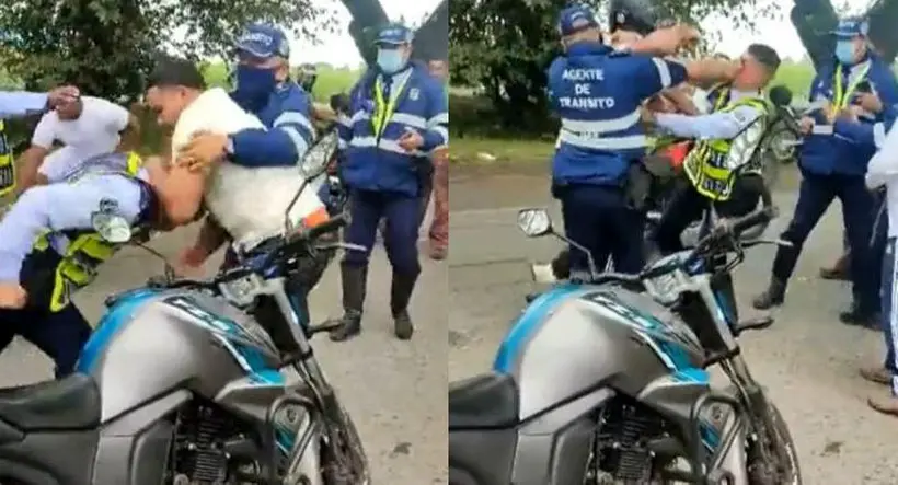 Valle del Cauca: agentes de tránsito y motociclista se dieron golpes en retén