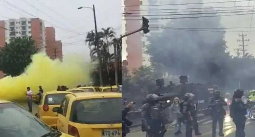 Caos total en paro de taxistas en Ibagué con el Esmad, policías, papas bomba