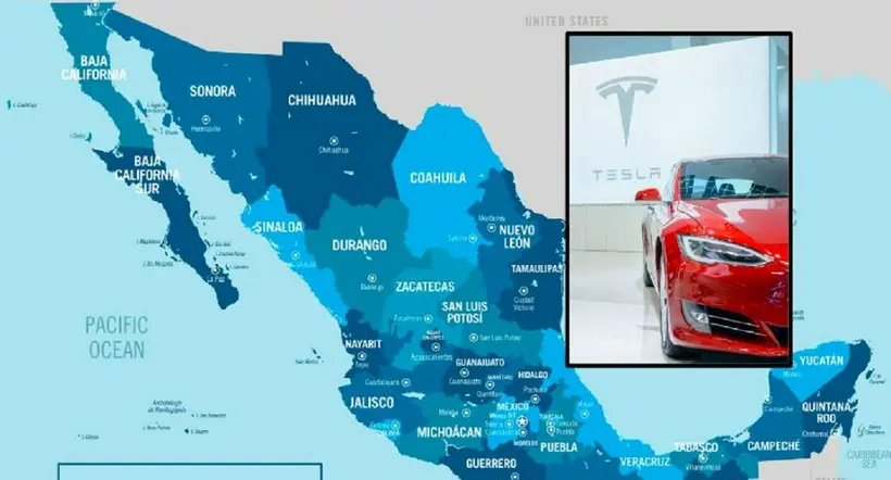 Mapa de México con estados y carro de Tesla, por planta que Elon Musk quiere abrir.