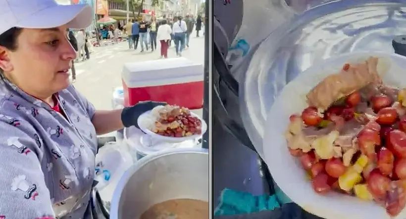 Ofrecen frijolada a $ 5.000 en el centro de Bogotá, el almuerzo más barato del sector. El plato incluye un pedazo de pezuña de cerdo. 