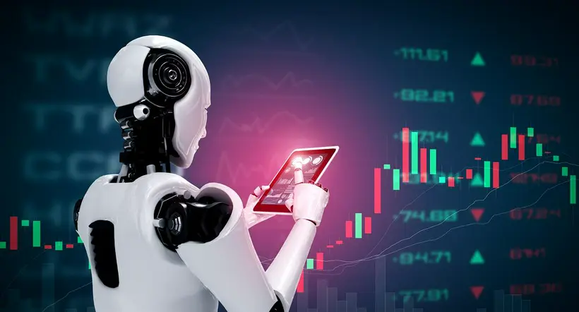 Robot humanoid using tablet computer in concept of stock market trading by AI thinking brain , artificial intelligence and machine learning process. 3D illustration.