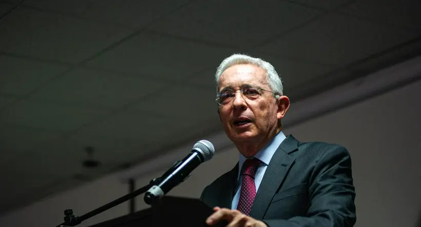 Former Colombian president Alvaro Uribe Velez speaks during the Centro Democratico political party meeting to choose a path for the 2022 presidential elections in Colombia, after the prelimiary elections, in Bogota, Colombia, March 15, 2022. (Photo by Sebastian Barros/NurPhoto)