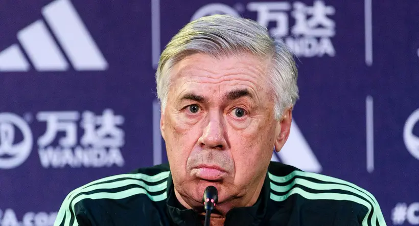RABAT, MOROCCO - FEBRUARY 10: Real Madrid Head Coach Carlo Ancelotti talks during the press conference prior the match between Real Madrid and Al Hilal at Stade Moulay Abdellah on February 10, 2023 in Rabat, Morocco. (Photo by Marcio Machado/Eurasia Sport Images/Getty Images)