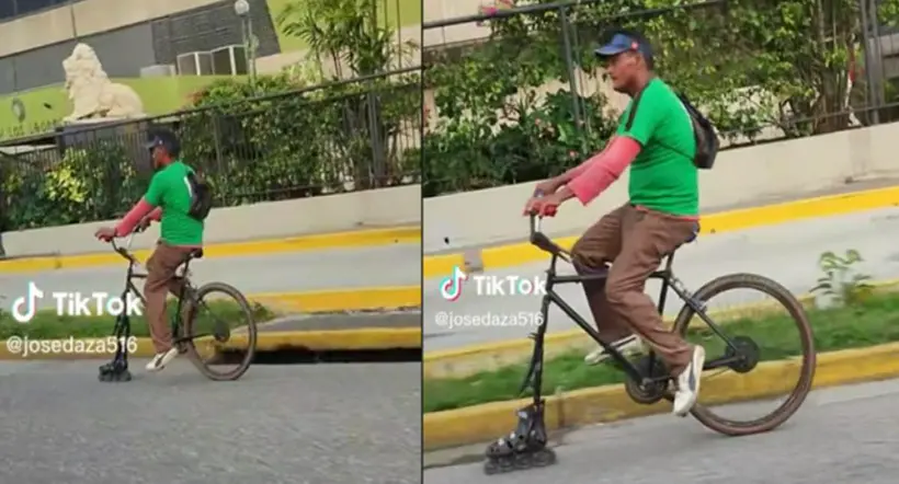 Hombre de Venezuela es grabado manejando curiosa bicicleta; reemplazó la rueda delantera por un patín, es tendencia en TikTok. 