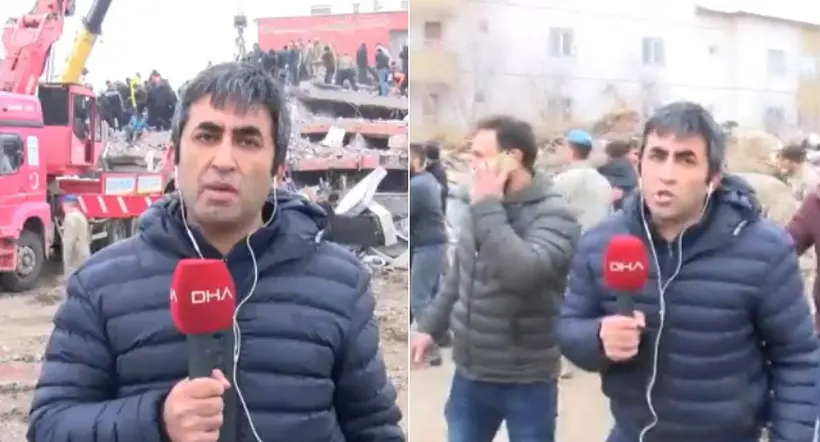 Periodista en Turquía vivió susto en vivo por terremoto que tumbó edificio a sus espaldas.