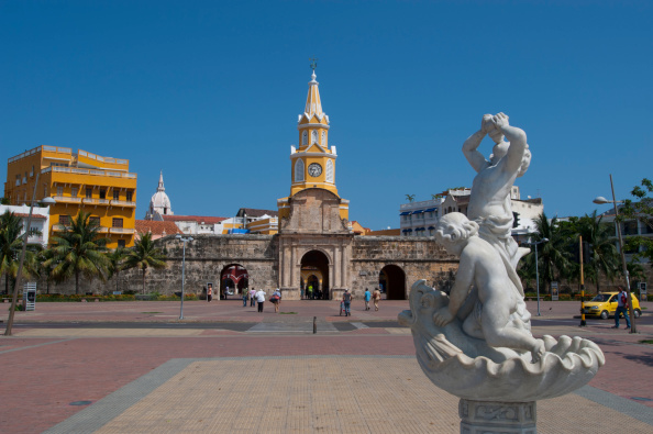 CARTAGENA, COLOMBIA - 2012/04/29: View of clock tower from Plaza de La Paz, in Cartagena, Colombia, a walled city, Unesco World Heritage Site. (Photo by Wolfgang Kaehler/LightRocket via Getty Images)
