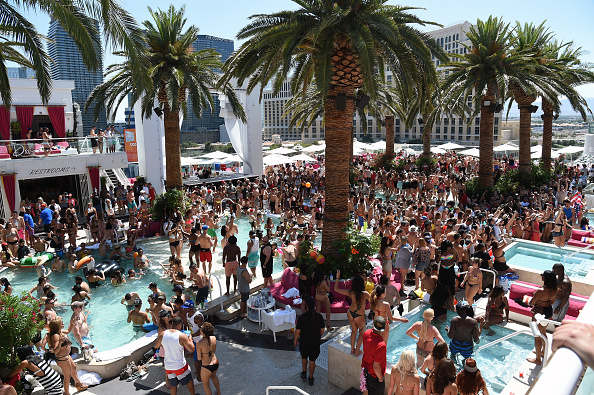 LAS VEGAS, NV - MAY 29: A general view shows guests at the "Carnival Del Sol" pool party at Drai's Beach Club - Nightclub at The Cromwell Las Vegas hosted by Jennifer Lopez (not pictured) on May 29, 2016 in Las Vegas, Nevada. (Photo by Ethan Miller/Getty Images)