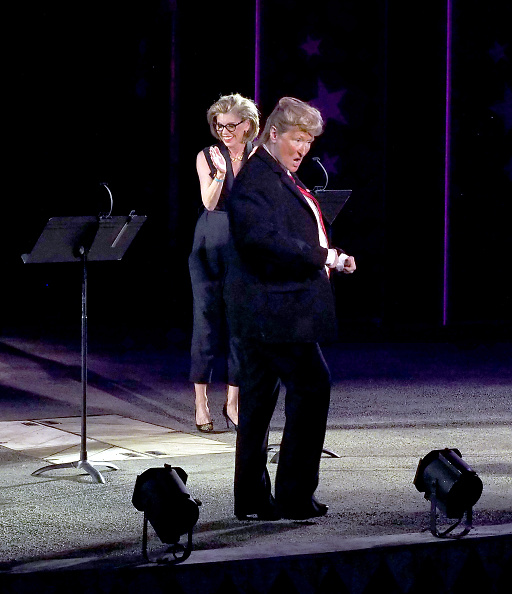 NEW YORK, NY - JUNE 06: Christine Baranski (L) and Meryl Streep, dressed as Donald Trump, perform onstage at the 2016 Public Theater Gala at Delacorte Theater on June 6, 2016 in New York City. (Photo by Paul Zimmerman/WireImage)