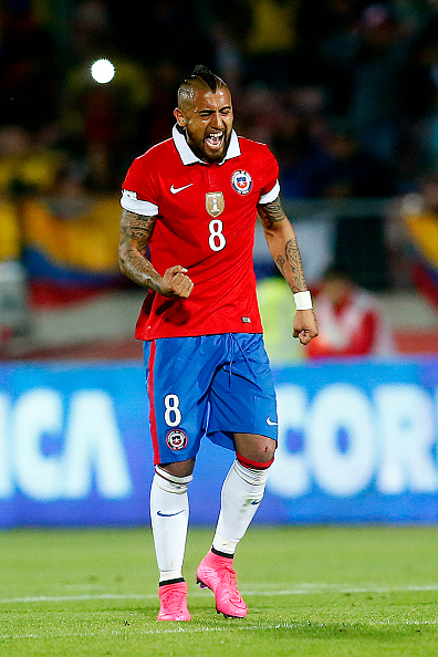 SANTIAGO, CHILE - NOVEMBER 12: Arturo Vidal of Chile celebrates after scoring the first goal of his team during a match between Chile and Colombia as a part of FIFA 2018 World Cup Qualifier at Nacional Julio Martinez Pradanos Stadium on November 12, 2015, in Santiago, Chile. (Photo by Franco Moreno/LatinContent/Getty Images)