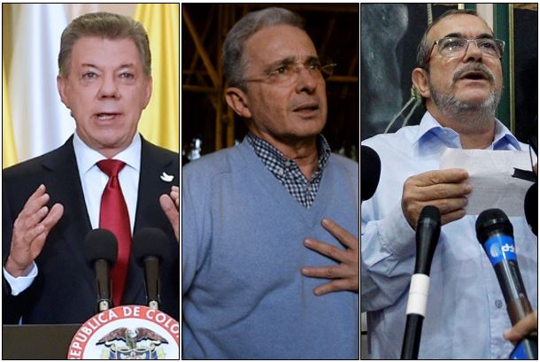 Juan Manuel Santos, Álvaro Uribe y Rodrigo Londoño,