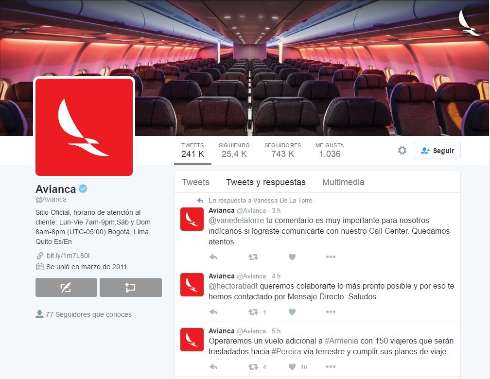 Captura de pantalla de la cuenta de Twitter de Avianca