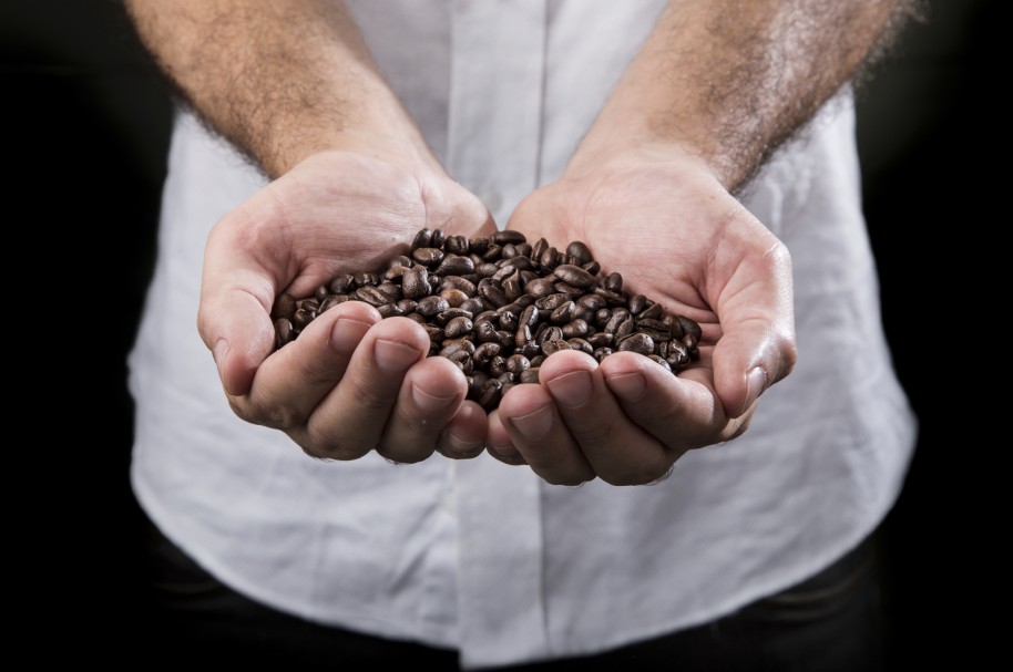 Un hombre sostiene granos de café en sus manos