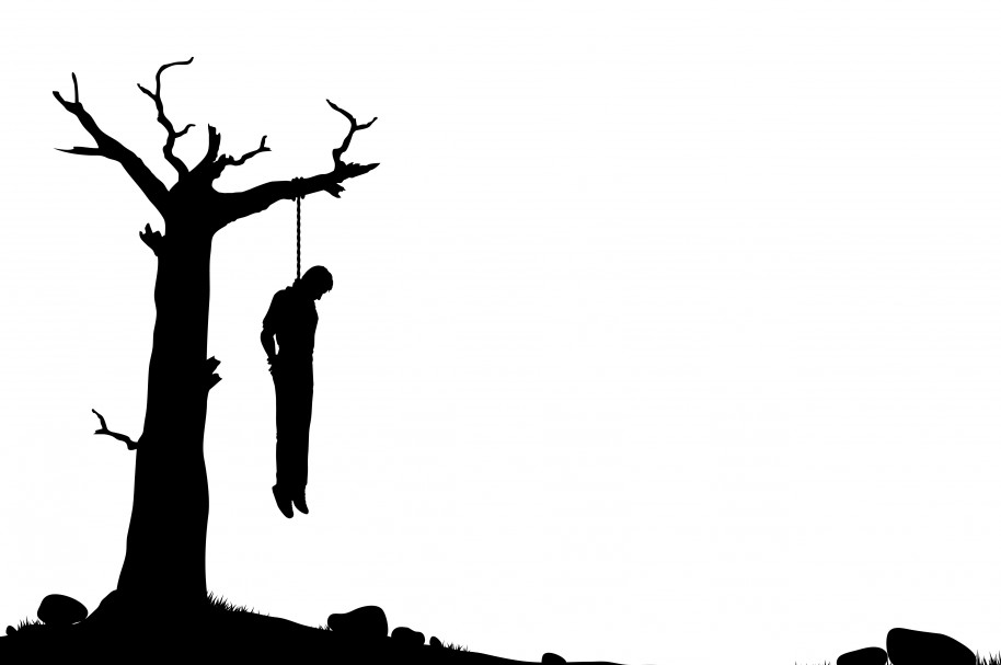Ilustración de un hombre ahorcado en un árbol