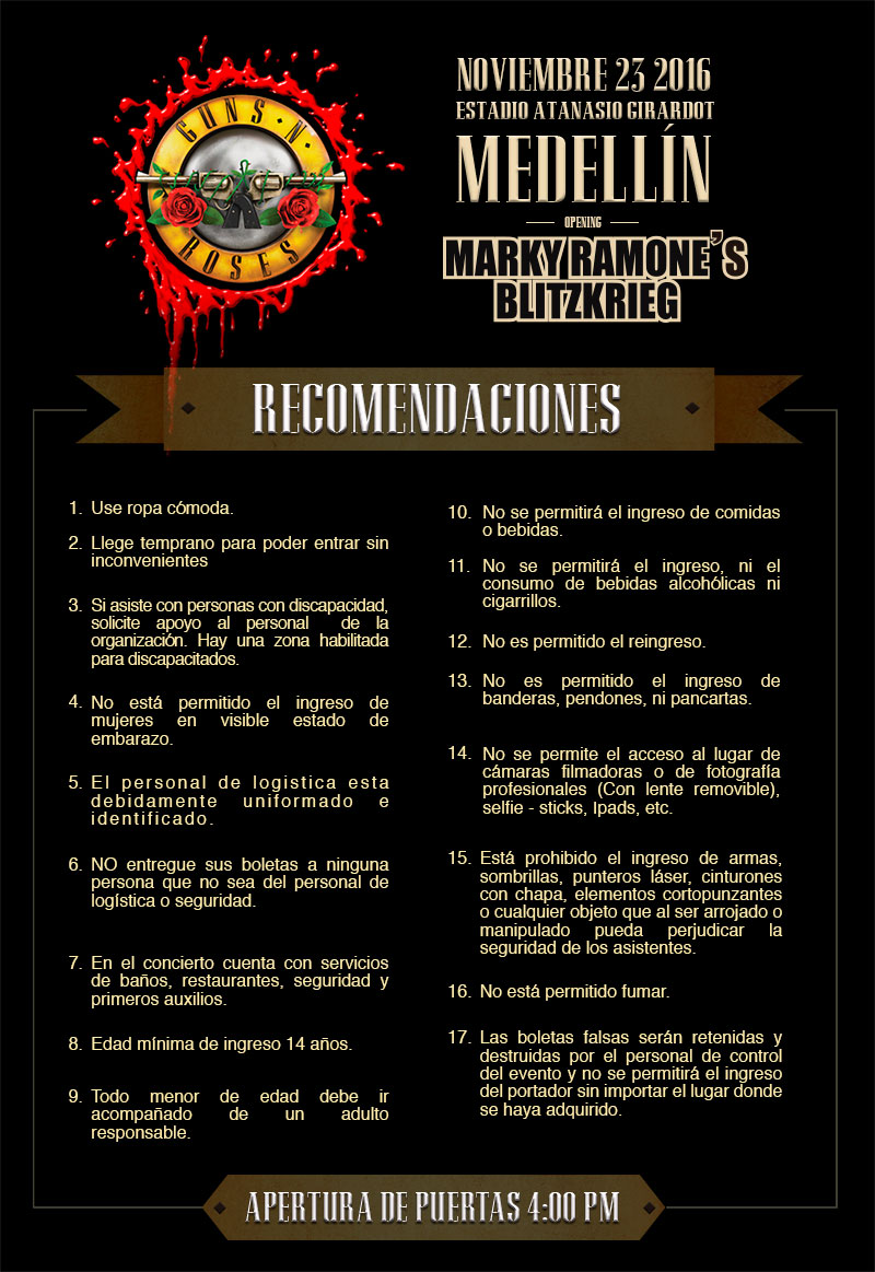 Recomendaciones concierto Guns N' Roses en Medellín