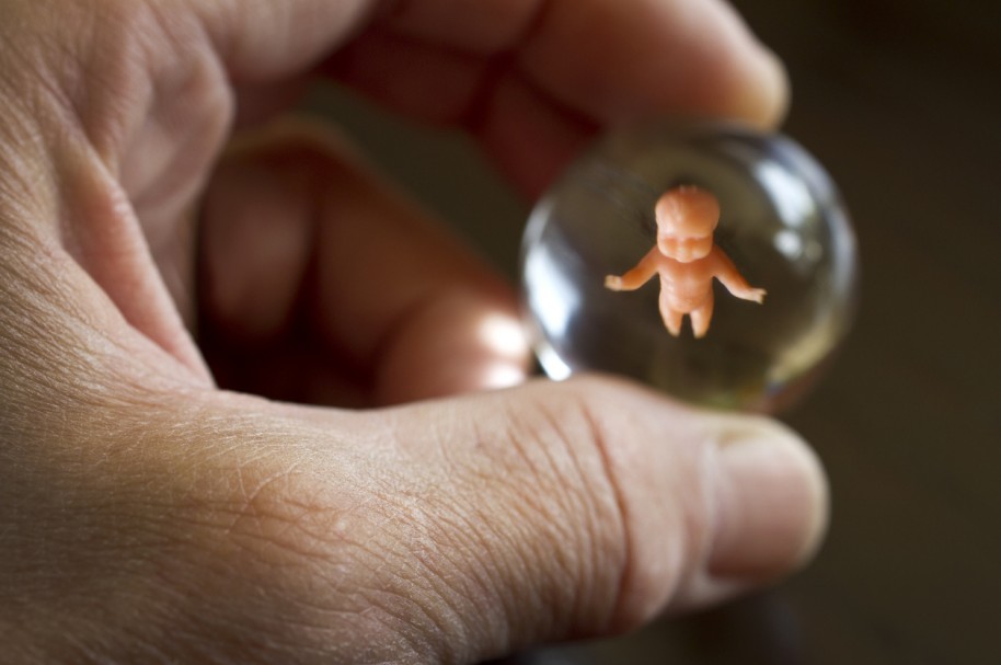 Una mano sostiene a un bebé en una esfera