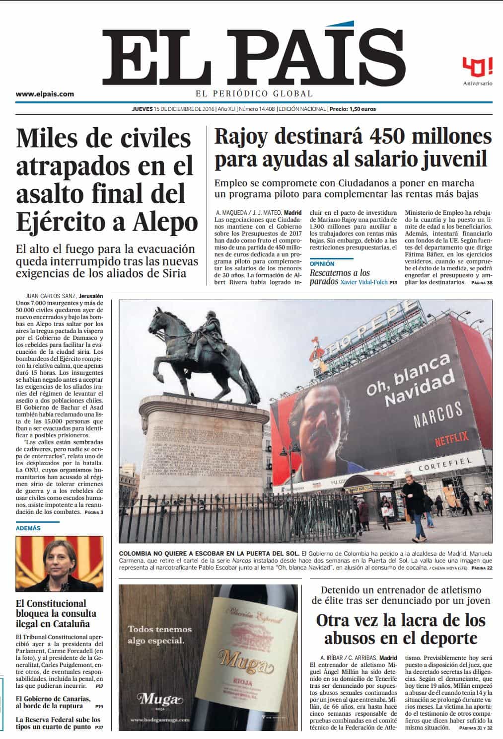 Portada El País 15 de diciembre 2016