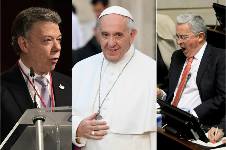 Juan Manuel Santos, el papa Francisco y Álvaro Uribe