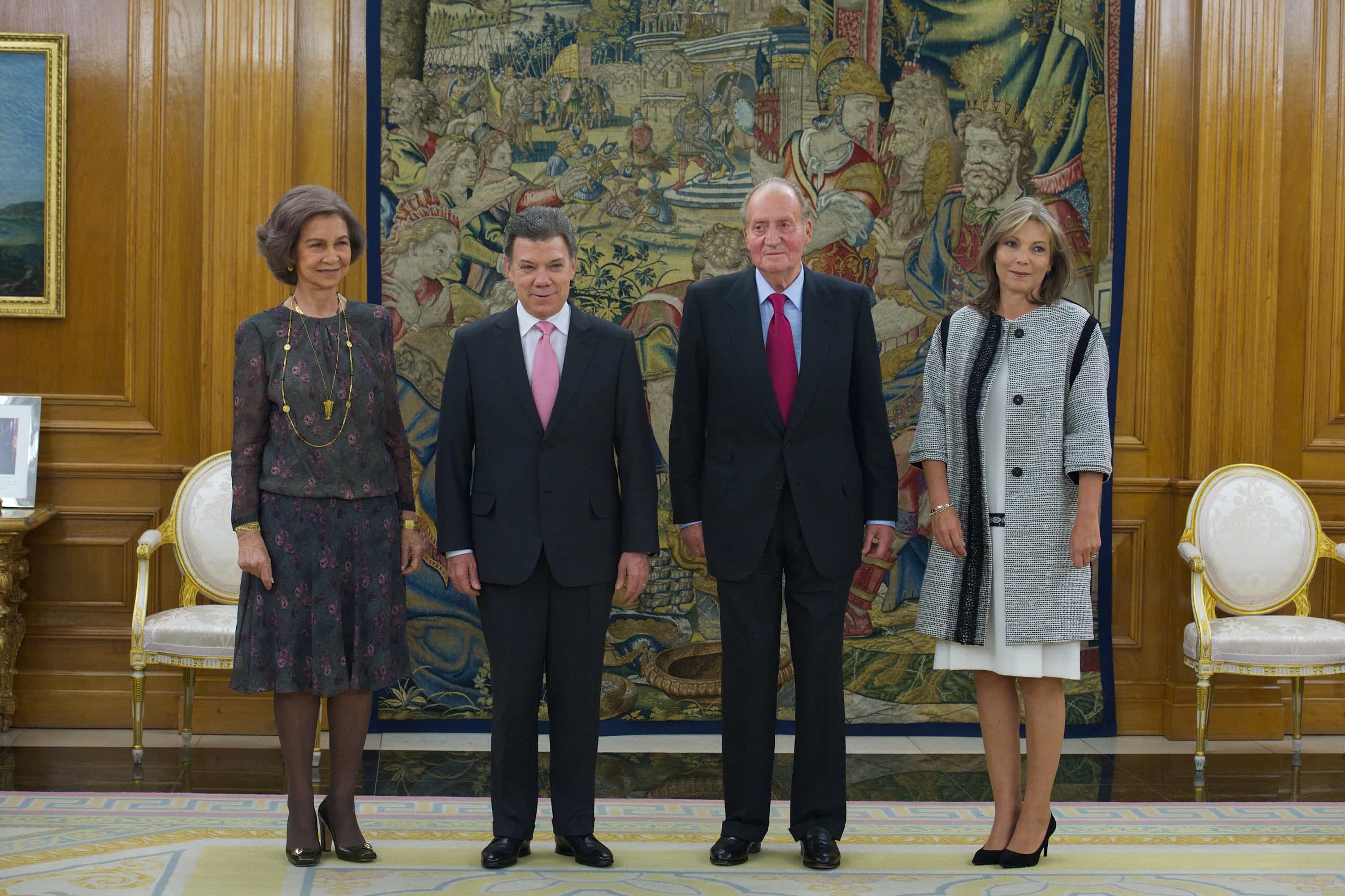 Spanish Royals Meet Colombian President Juan Manuel Santos Calderon at Zarzuela Palace
