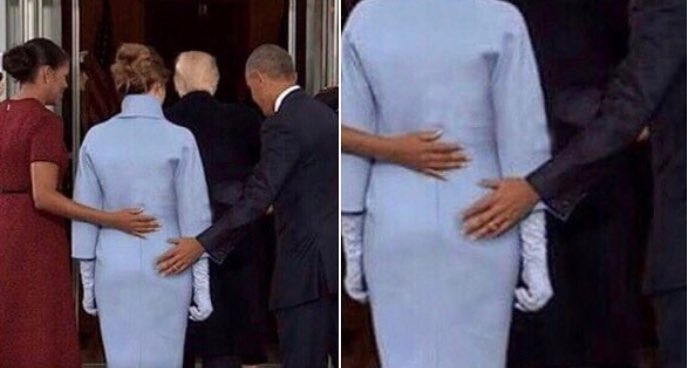 Montaje de Barack Obama tocando la cola de Melania Trump