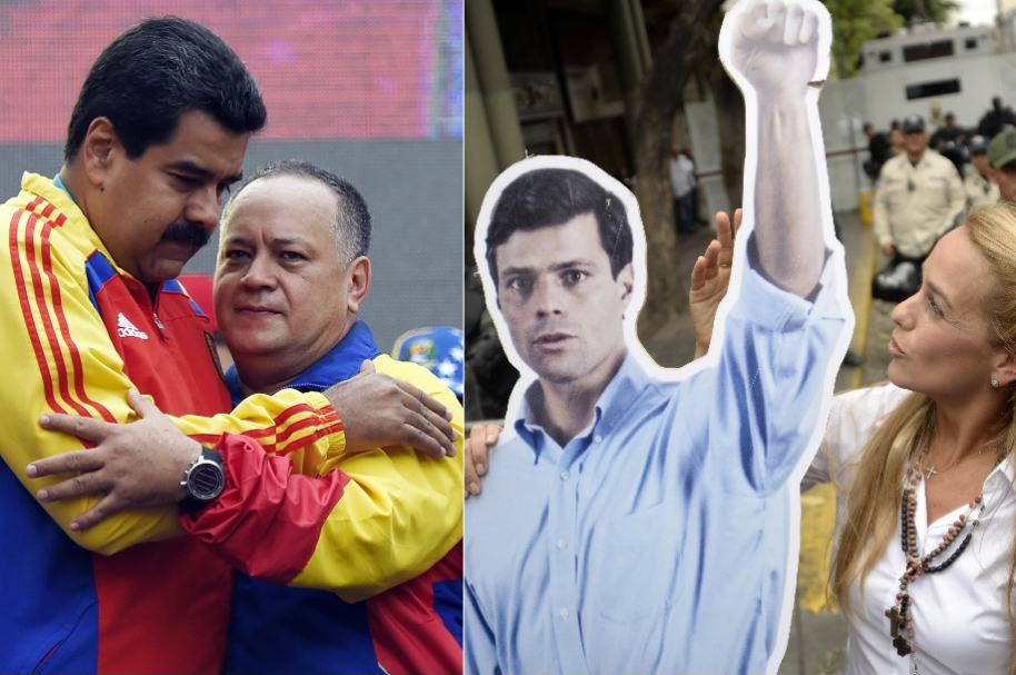 Nicolás Maduro, presidente de Venezuela; Diosdado Cabello, diputado chavista de la Asamblea Nacional; y Leopoldo López, líder opositor, junto a su esposa, Lilian Tintori.