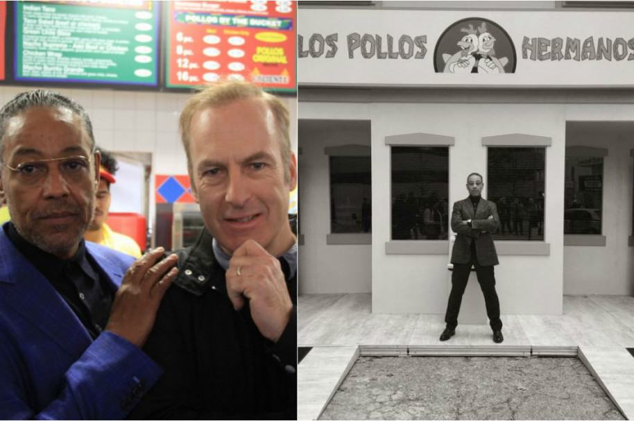 Actores Giancarlo Esposito y Bob Odenkirk en local de Los Pollos Hermanos