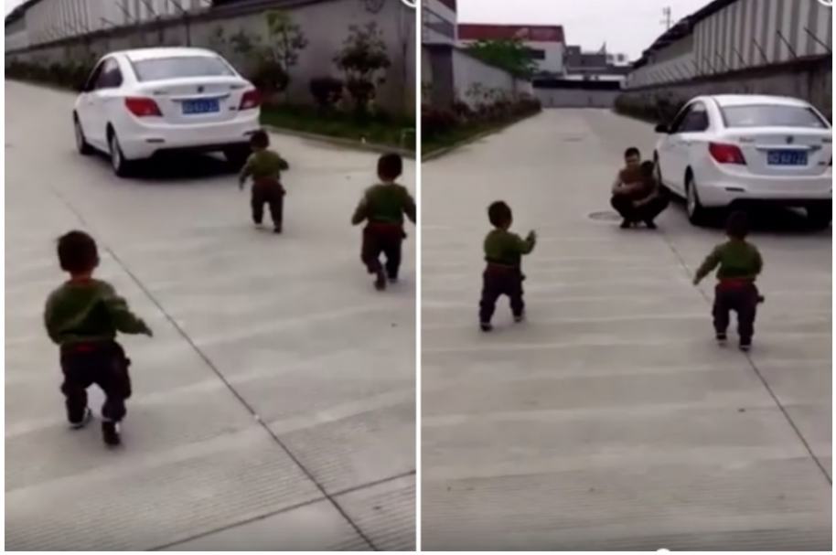 Trillizos siguen a su papá.