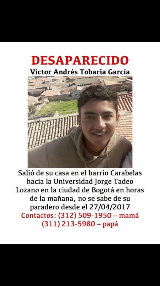 Víctor Andrés Tobaría García, joven desaparecido en Bogotá. Pulzo.com