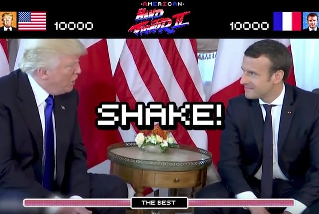 Parodia basada en encuentro que tuvieron Donald Trump y Emmanuel Macron, presidentes de EE. UU. y Francia, respectivamente. Pulzo.com