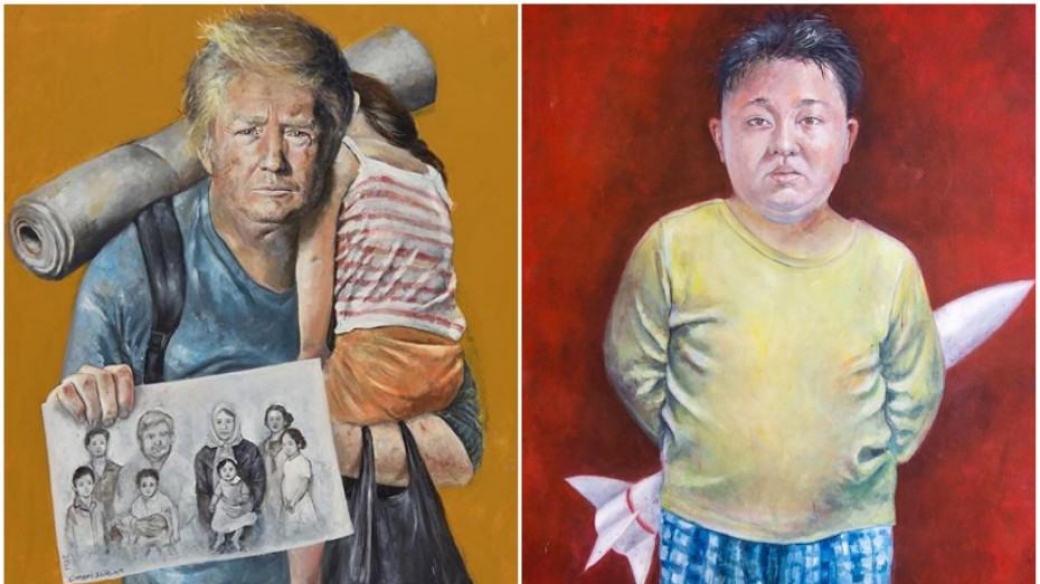 Retratos de Trump y Kim Jong-un, hecho por el artista Abdalá Al Omari.