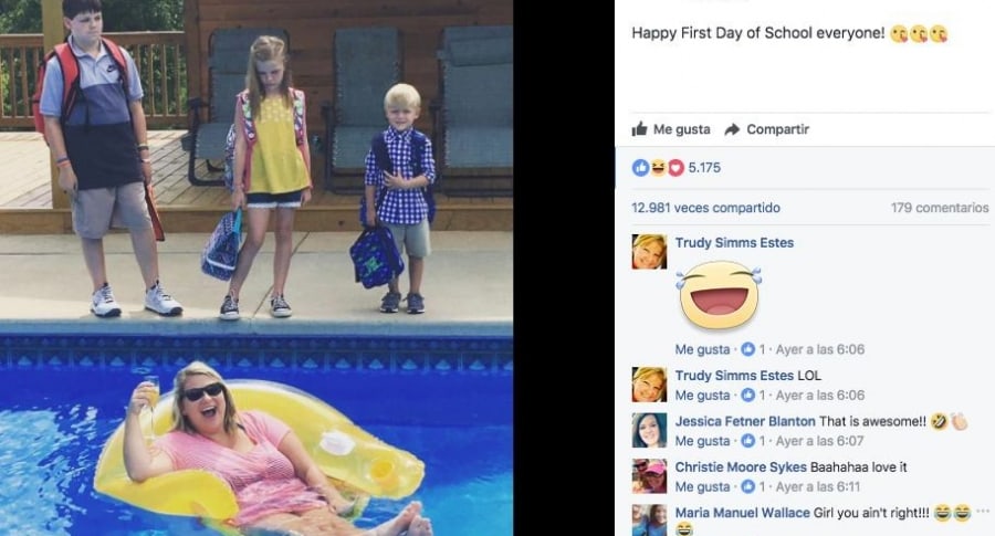 Madre sonriendo durante partida de sus hijos al colegio. Pulzo.
