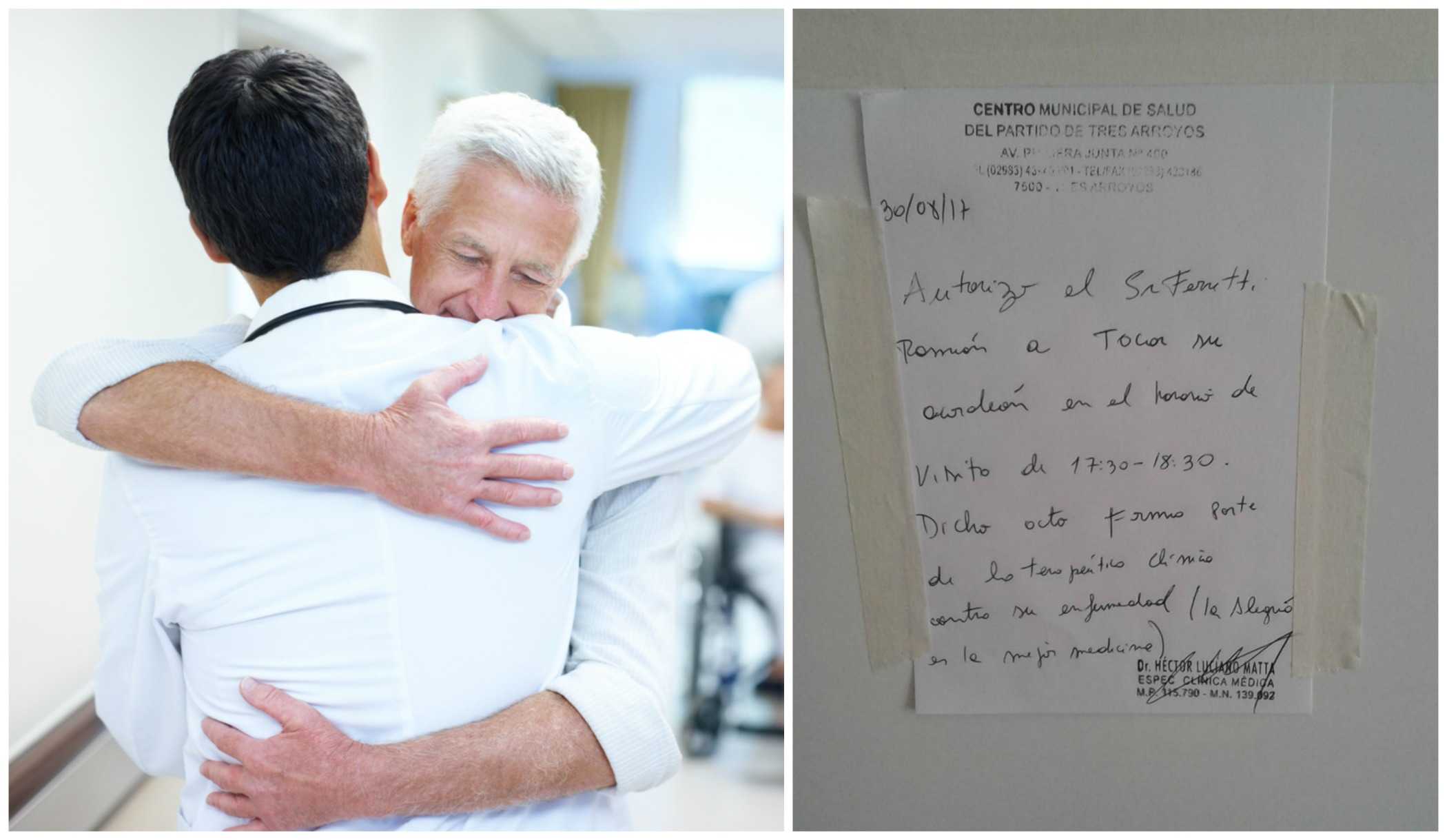 Médico abraza a su paciente.Pulzo.