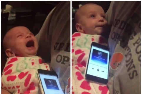 Bebé que deja de llorar cuando escucha el himno de la Champions League. Pulzo.