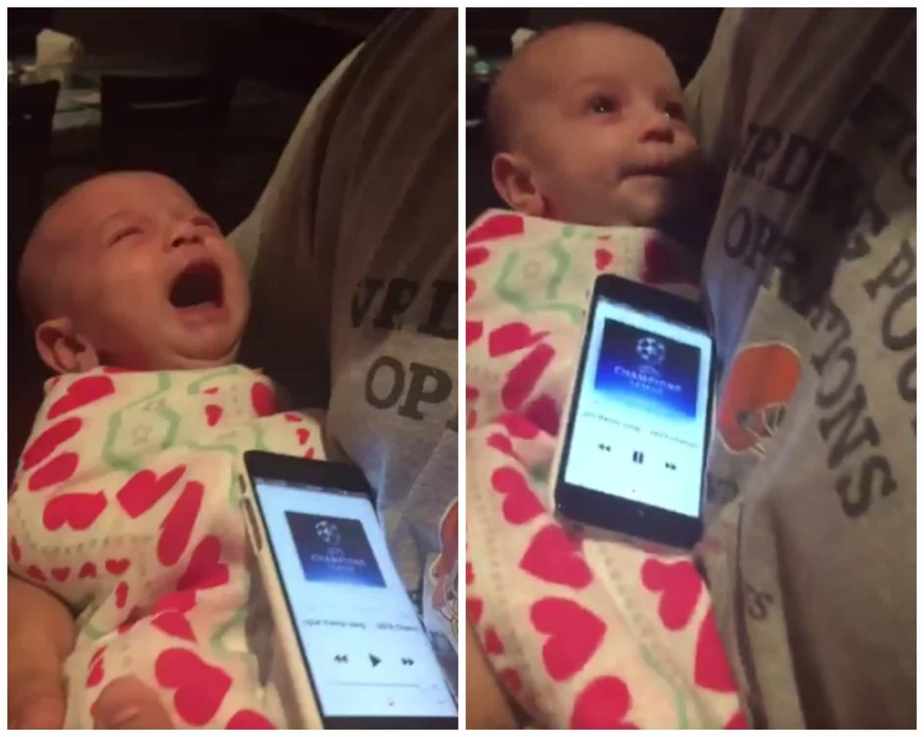 Bebé que deja de llorar cuando escucha el himno de la Champions League. Pulzo.