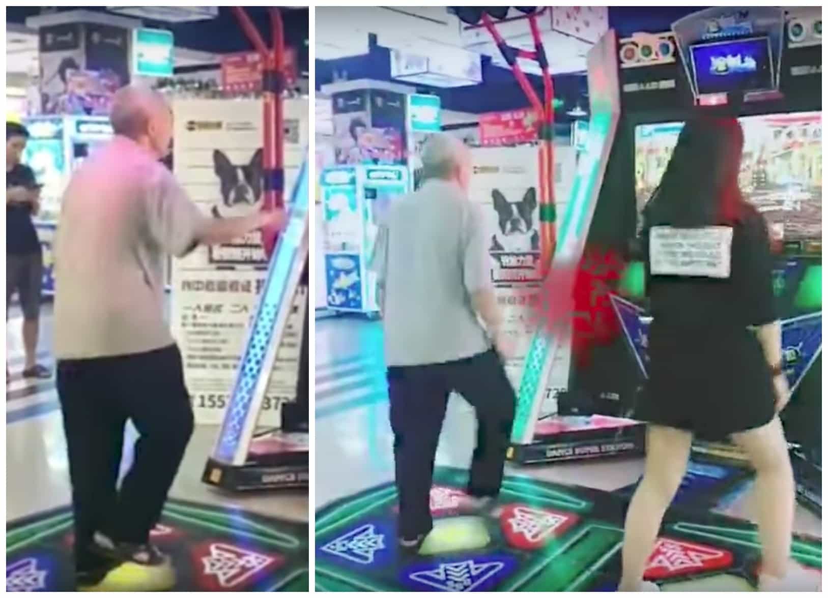 Anciano bailando en centro comercial de China. Pulzo.