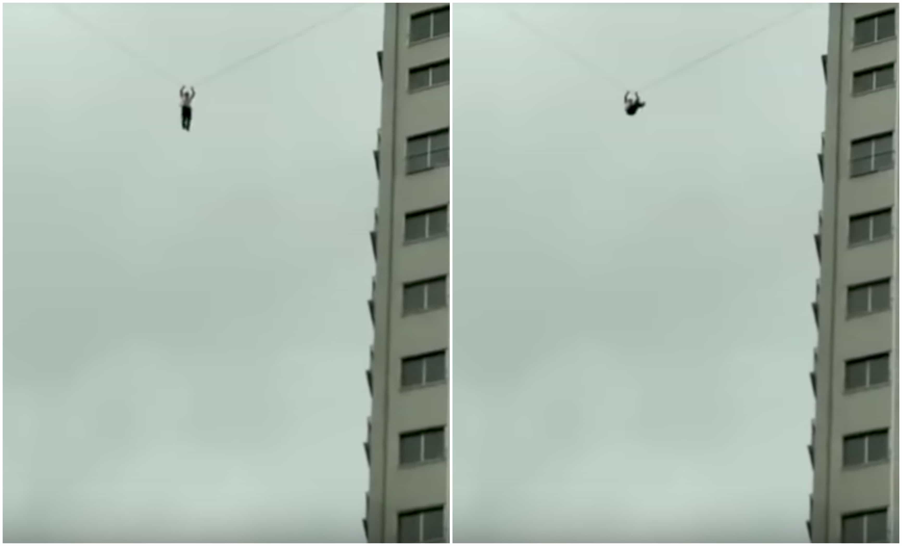 Hombre colgado de cables de teléfono, en Guizhou, China. Pulzo.