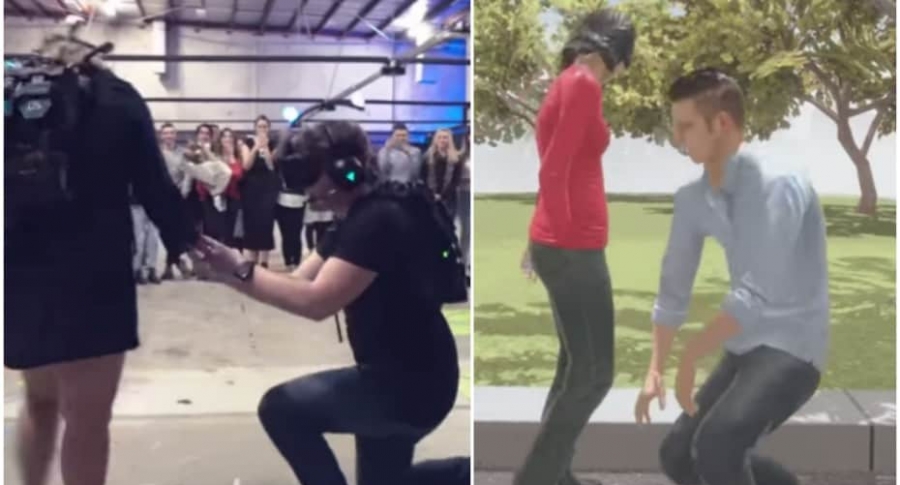 Hombre propone matrimonio con realidad virtual.