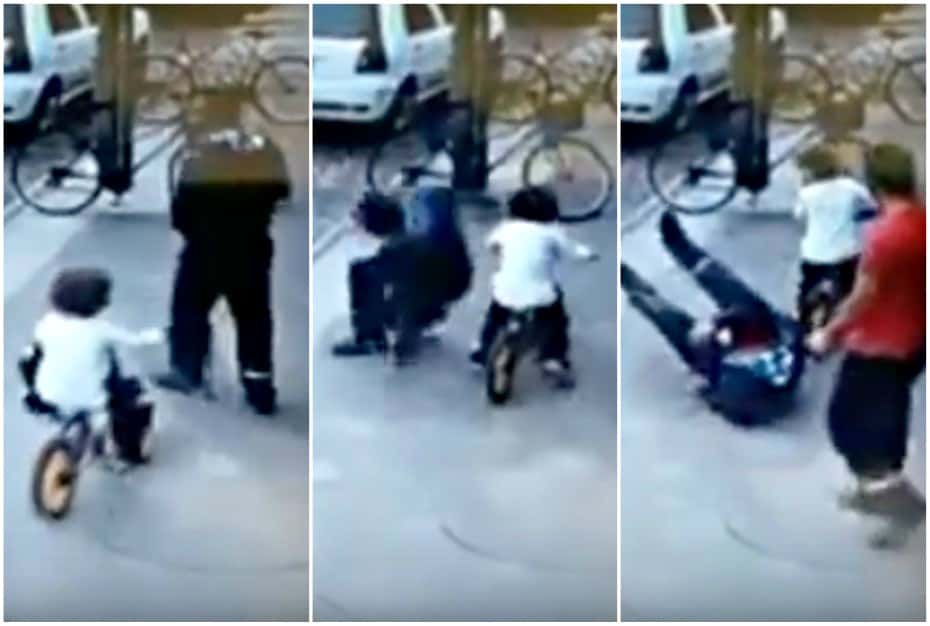 Niño en bicicleta 'atropella' a hombre.