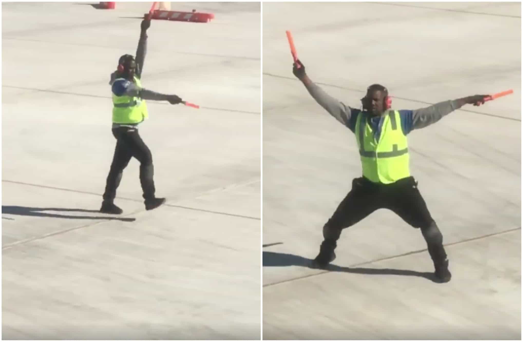 Empleado de aeropuerto bailando en la pista. Pulzo.