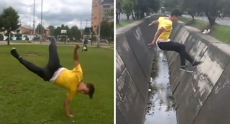 Joven saltando de un caño