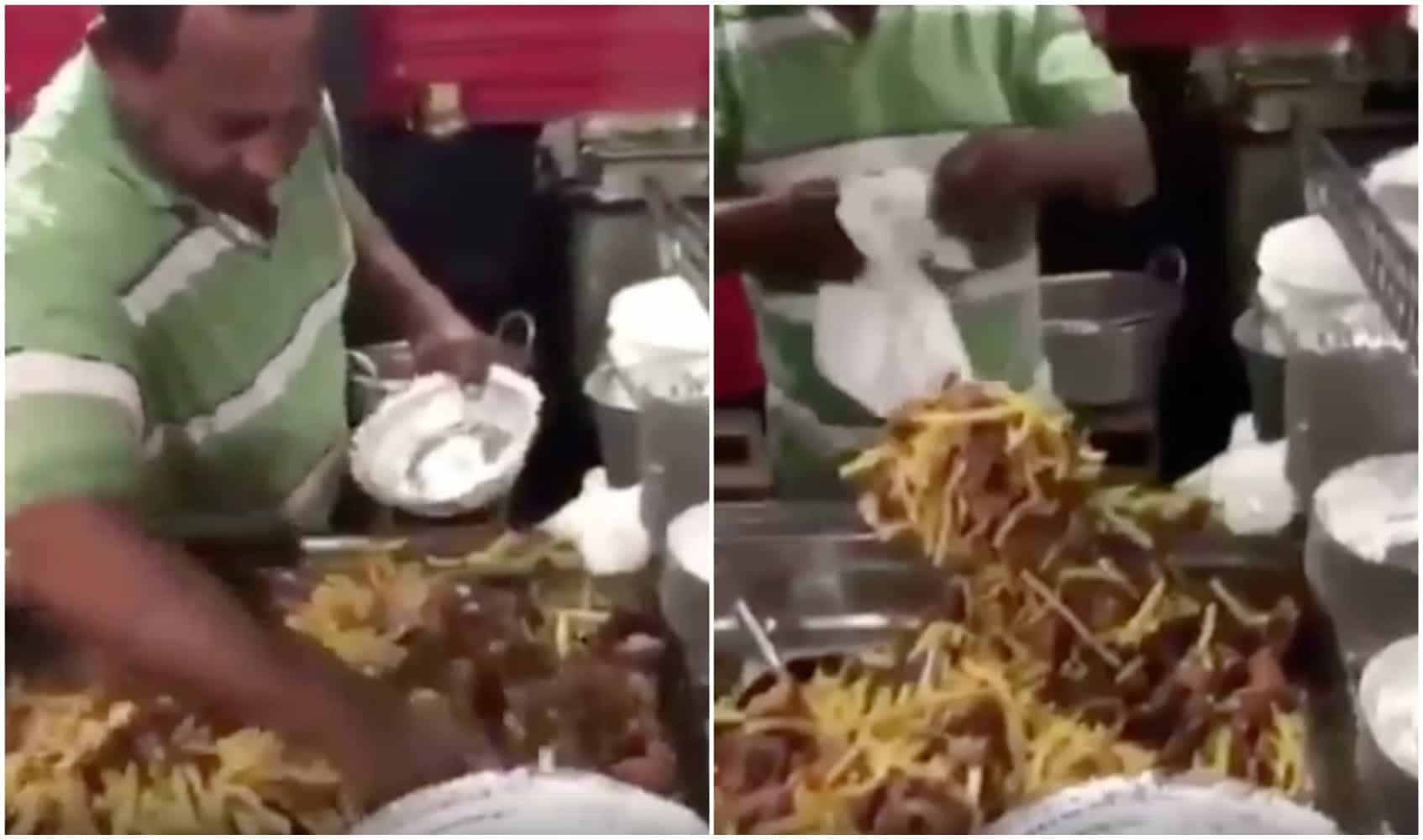 Vendedor sirve una salchipapa muy grande. Pulzo.