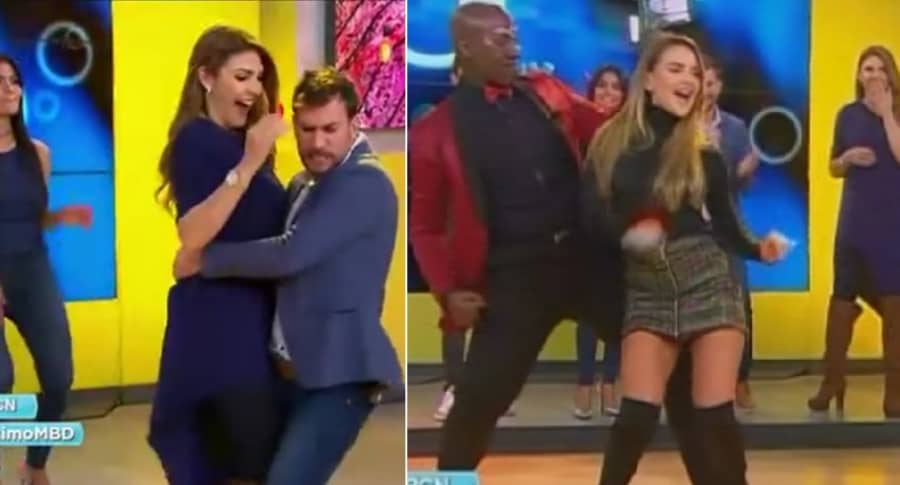 Las presentadora Ana Karina Soto y Ximena Córdoba bailando con Dj Shirry y el bailarín Camilo Zamora, en 'Muy buenos días'.