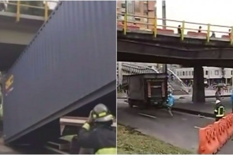 Trancón por tractomula que se estrelló en puente de autopista norte con calle 116