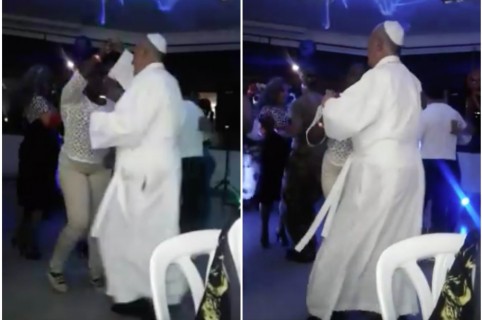 Hombre disfrazado como papa Francisco baila merengue. Pulzo.