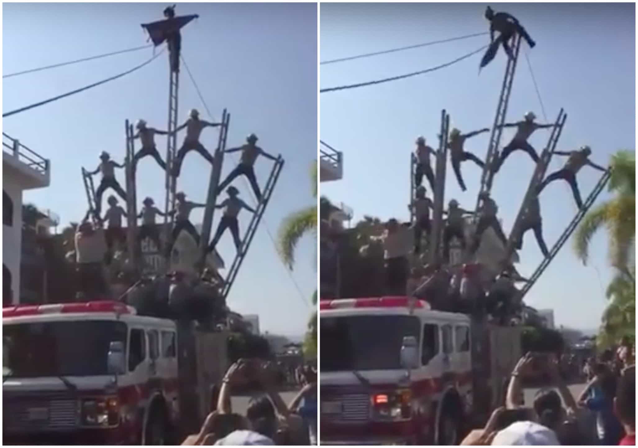 Bomberos que se cayeron cuando hacían pirámide humana en Puerto Vallarta, México. Pulzo.