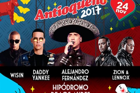Afiche del Festival Antioqueño con Wisin, Daddy Yankee, Alejandro Fernández, y Zion y Lennox, cantantes.