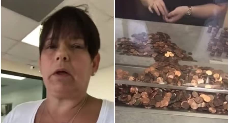 Mujer paga recibo con monedas.