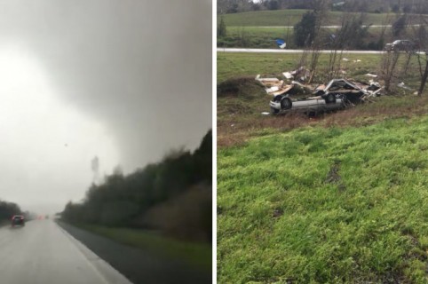 Carro volcado por tornado