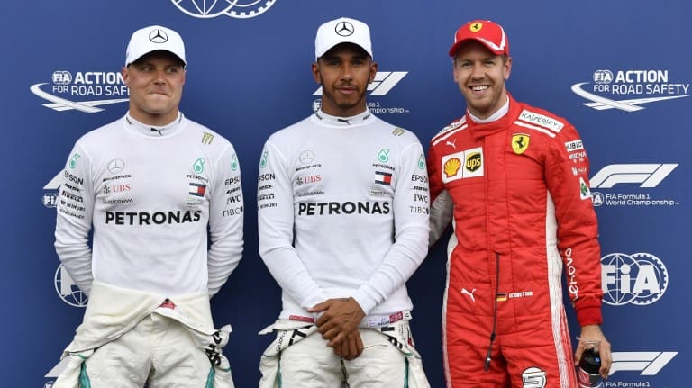 Valtteri Bottas, Lewis Hamilton y  Sebastián Vettel