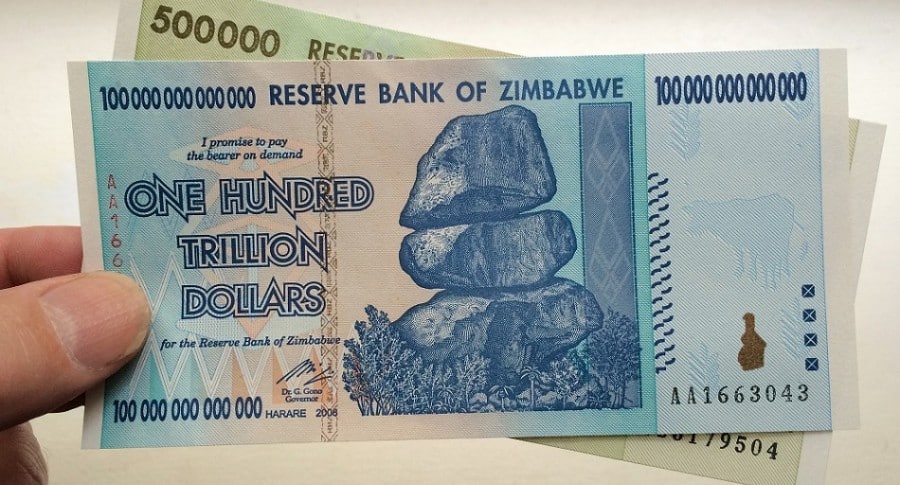 Billete de 100 billones de dólares de Zimbabue