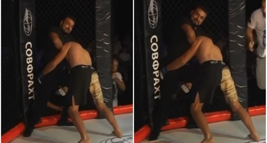 Árbitro noquea a luchador.